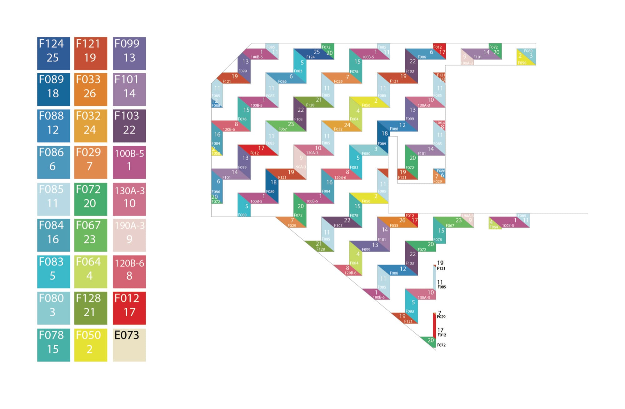 Chromatic Ascent — original layout study with all twenty-nine paint codes mapped onto the wall plan.
